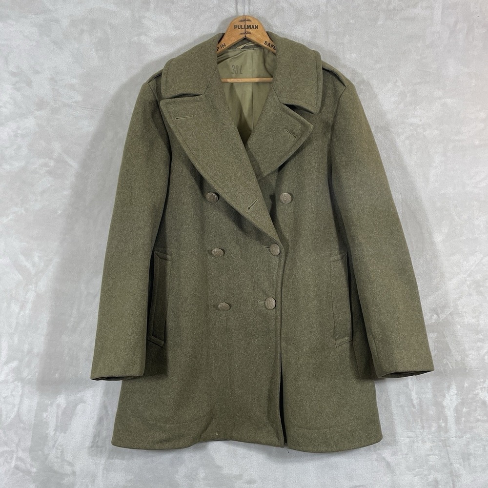 VTG 40s WW2 US Army Melton Wool Overcoat 38 Olive Drab Military Trench Coat READ